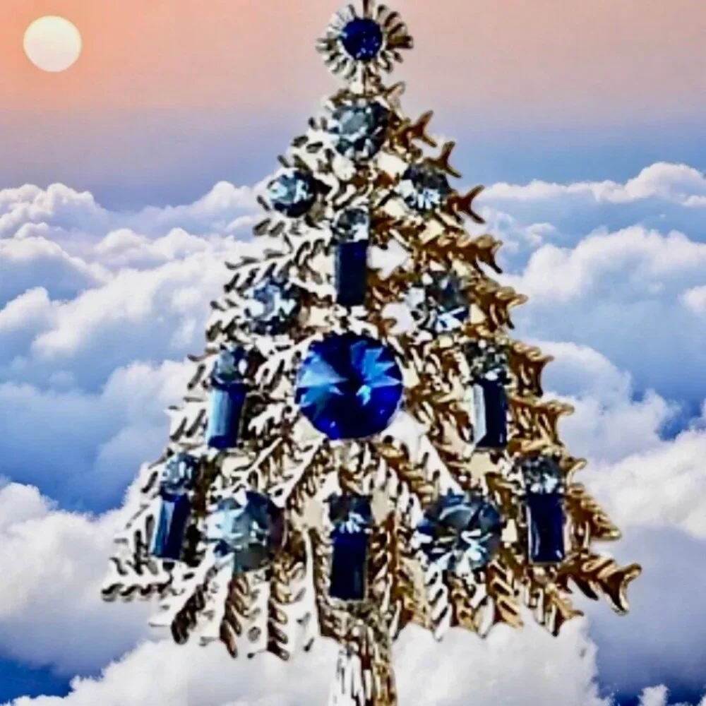 Christmas Tree Vintage Brooch Blue Round Rhinestones & Baguette Silvertone Metal
